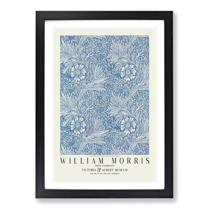 Blue Marigold with Border by William Morris - Picture Frame Painting on MDF, Black Framed, 65cm H x 48cm W x 2cm D
