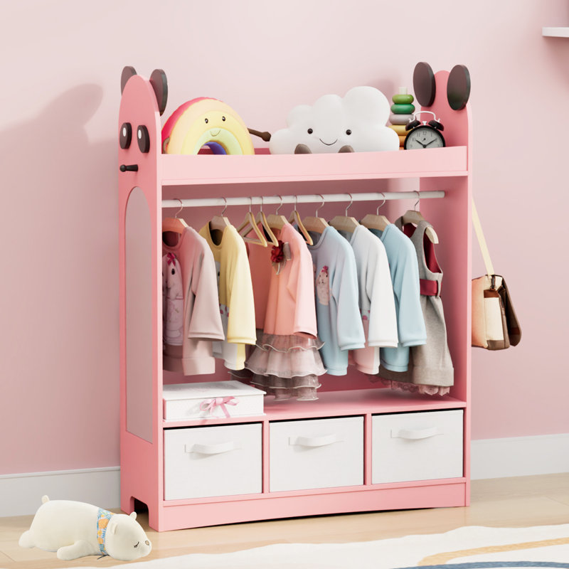 Children's Wardrobe, Open-Style Mirrored Wardrobe with 3 Shelves and 3 Drawers, Pink