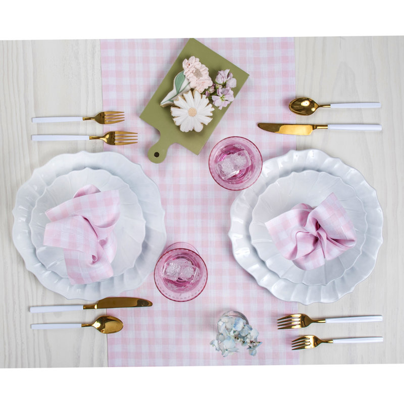 Gingham Checks - 100% Pure Linen Table Runner, 72" x 14", Marshmellow Pink