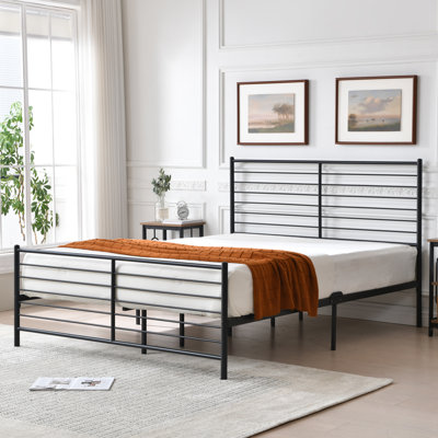 Modern Horizontal Slat Metal Bed Frame with Headboard and Footboard