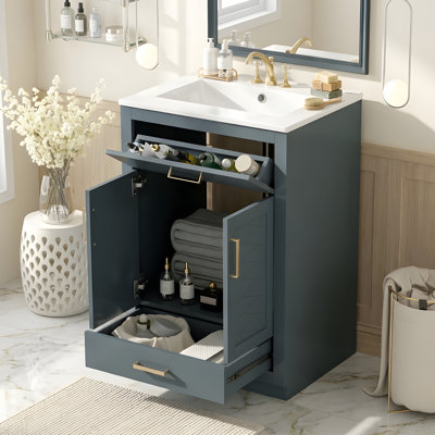 Meuble-lavabo 24 po avec lavabo en céramique intégré, armoire de salle de bain avec 2 portes, 1 tiroir basculant, meuble-lavabo simple pour petite et moyenne salle de bain, bleu