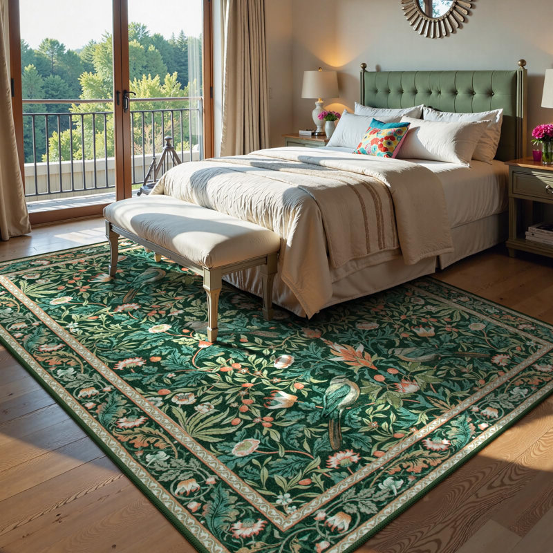 Vintage Botanical Bird-Print Machine-Washable Low-Pile Area Rug with Non-Slip Backing, Rectangle 8' x 10'