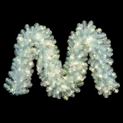 Vickerman 9' x 14" White Iridescent Artificial Pre-Lit Garland with 100 Warm White LED 5MM Lights