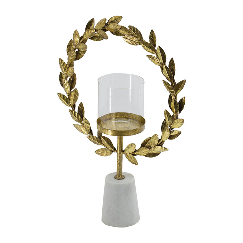 Gigi Candle Holder, Marble Base, Gold Leaf Wreath Ring, White Glass 20 Inch