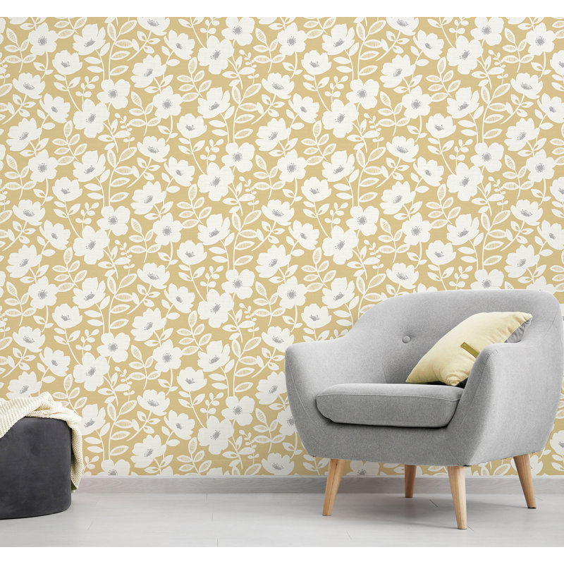 Rouleau de papier peint L 33 pi x l 20,5 po à motif de fleur scandinave Azarius, Jaune