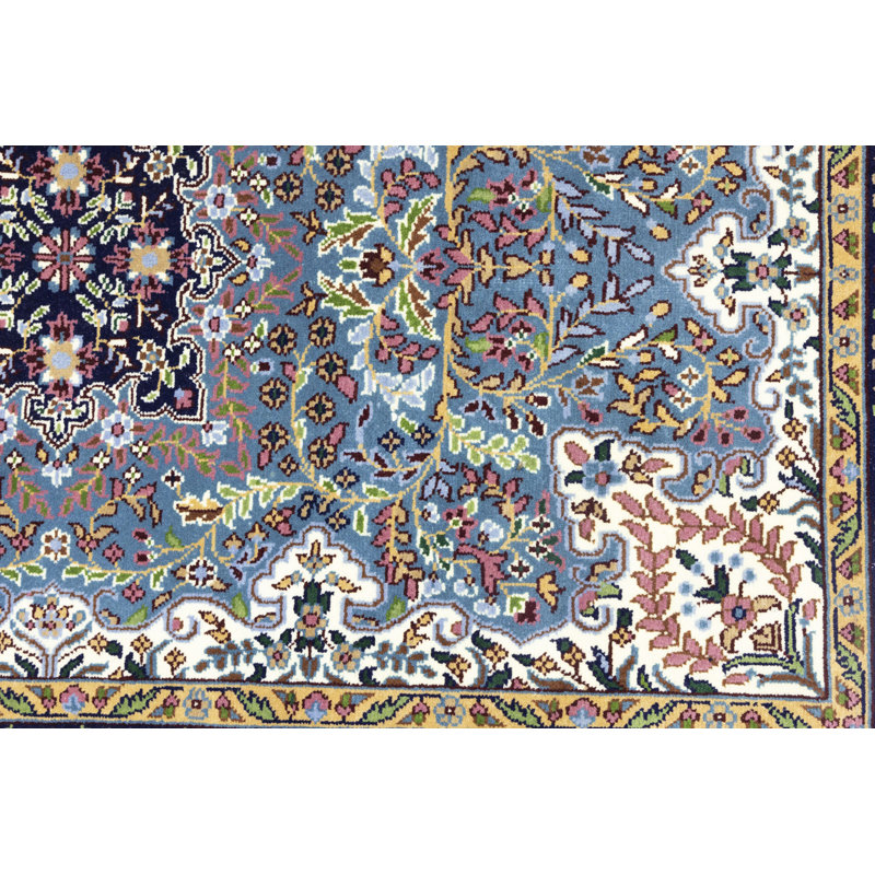 Tapis floral bleu en laine noué à la main Floral, Rectangle 4 pi 1 po x 5 pi 11 po
