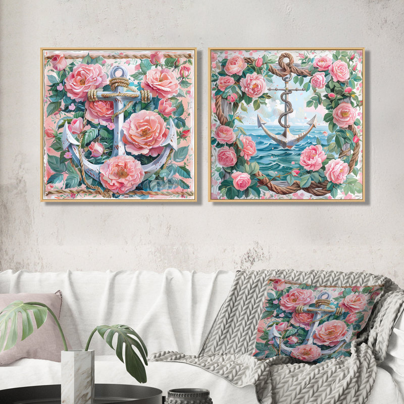 Ensemble de décorations murales nautiques roses et vertes, ancre rétro, collage I - art mural côtier, H 16 po x l 33 po