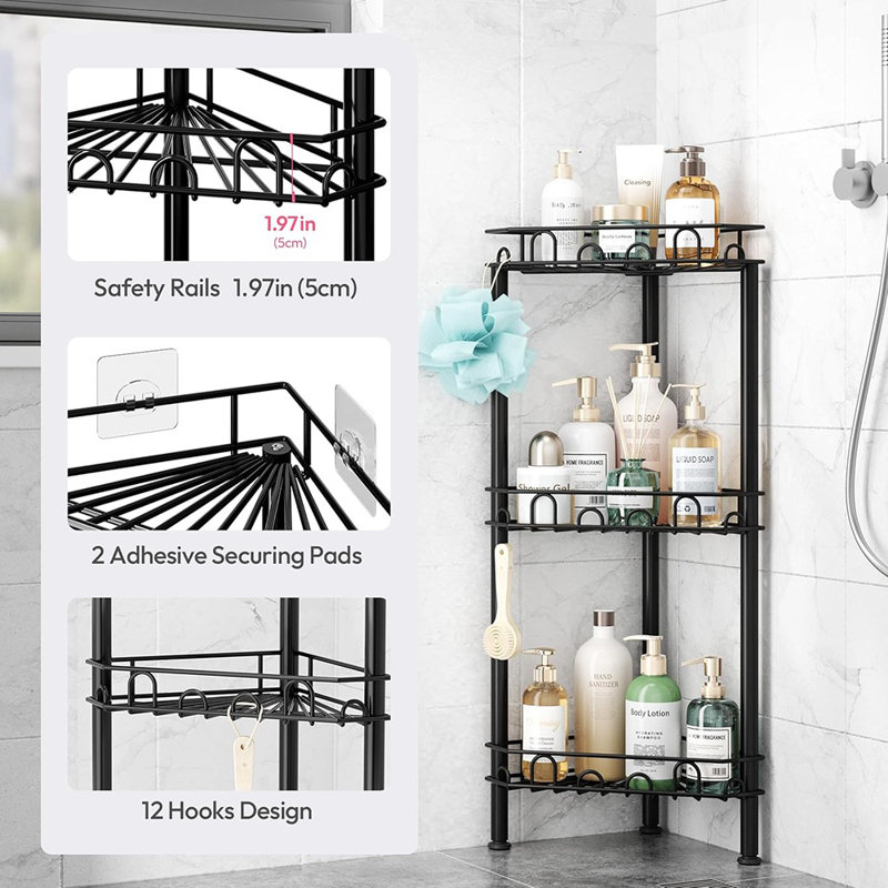 FEELSO 6-Tier Corner Shower Caddy Tension Pole – Rustproof, Adjustable 30-120 Inches, Black