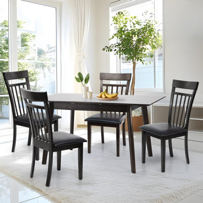 Dining Table Set for 4, Classic Style Solid Wood Warm Chairs w Extendable Rectangular Table, Kitchen Room Set, Medium Brown with PU Leather Fabric by George Oliver