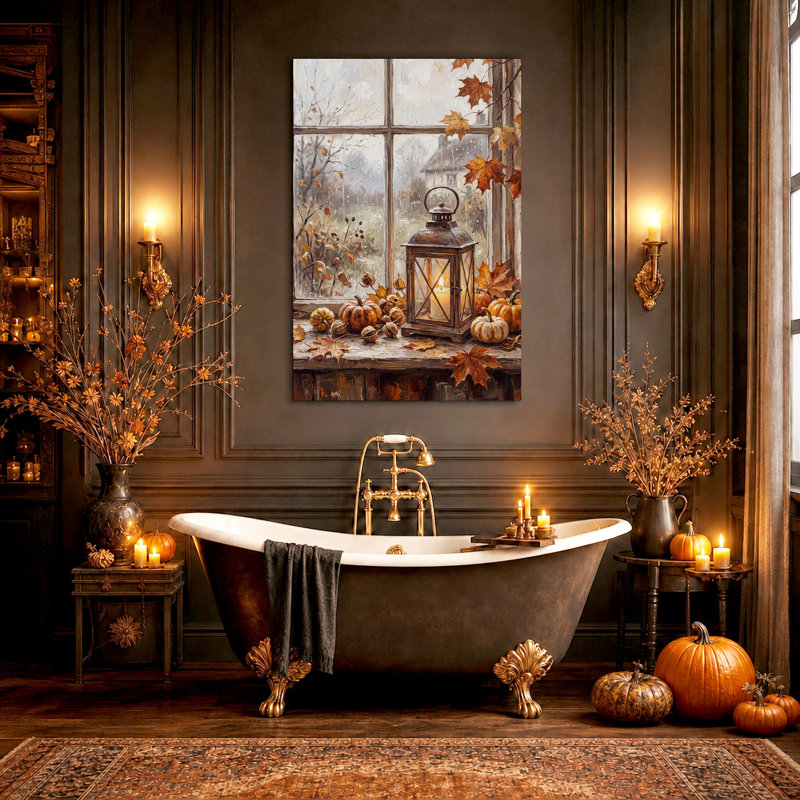Lanterne illuminée et citrouilles sur une fenêtre pluvieuse - Tableau sur toile pour l'Halloween, H 24 po x l 18 po
