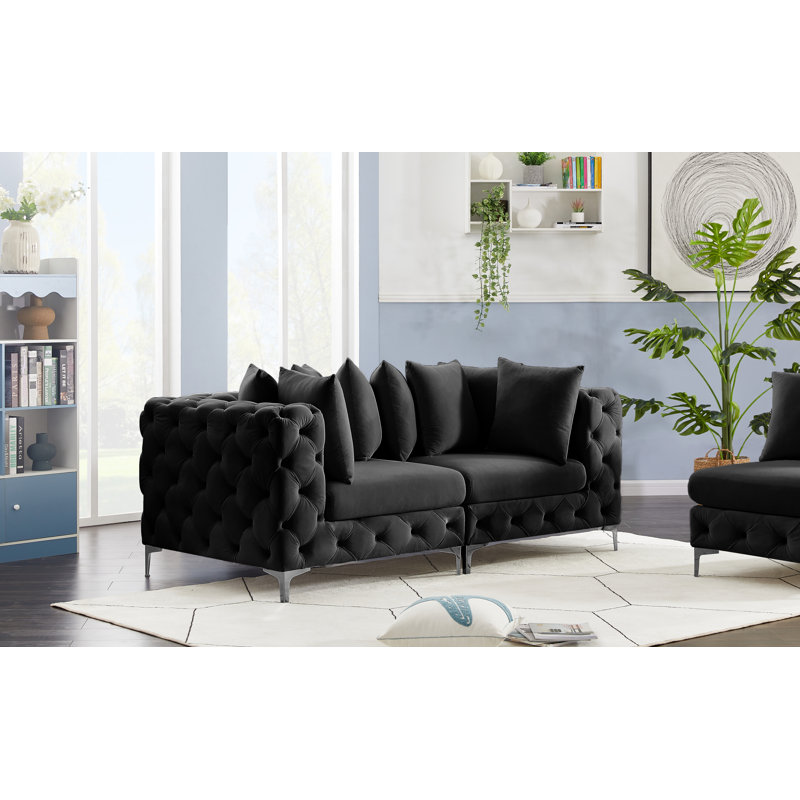 Causeuse modulaire en velours à accoudoirs carrés 78 po, Velours noir