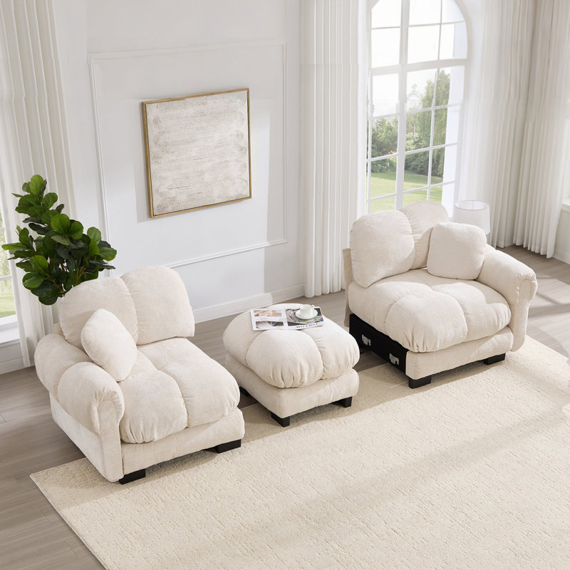 Canapé modulaire en L en chenille matelassé avec repose-pieds 76 po Fairmont, Beige