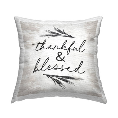 Thankful & Blessed Wheat Sprigs Outdoor Printed Pillow by Lettered and Lined