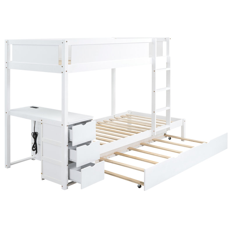 Lit superposé blanc Twintwin avec prises et lit gigogne - chambre à coucher moderne avec bureau, rangement, lit simple