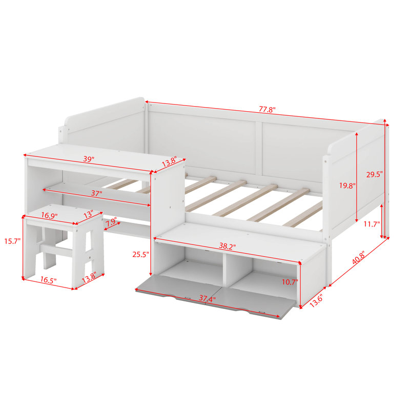 Twin Daybed With Storage Shelves And Study Desk, Matching Stool, White