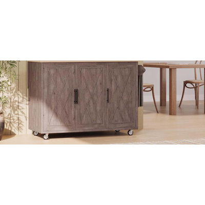 Îlot de cuisine de 51,2 po de largeur à motif sergé rayé avec abattant, îlot de cuisine sur roulettes avec support de rangement interne, chariot de cuisine roulant avec porte-serviettes pour la cuisine, brun