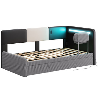 Daybed With Trundle, Twin Day Bed Frame With Guard Rail, Charging Station & Led, Sofa Bed For Bedroom, Living Room, Guest Room, Pu Leather by Wrought Studio