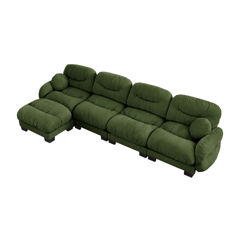 Canapé modulaire moderne en L avec repose-pieds - tissu de chenille plissé vert avec accoudoirs ronds et coussins décoratifs