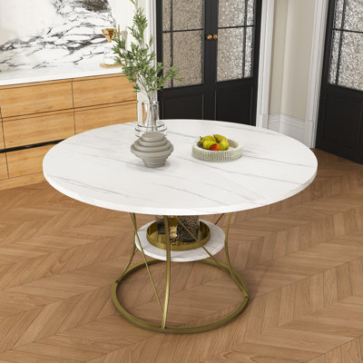 Expandable Round Dining Table with Shelf & Metal Base
