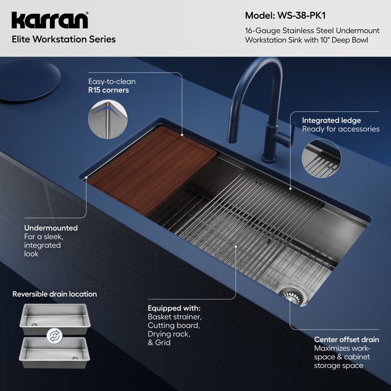 Elite Workstation 36'' L Single Bowl Stainless Steel Kitchen Sink