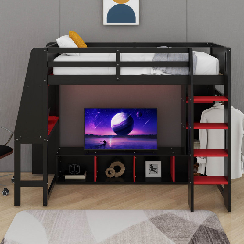 Lit mezzanine simple en bois avec bureau et portemanteaux, Noir
