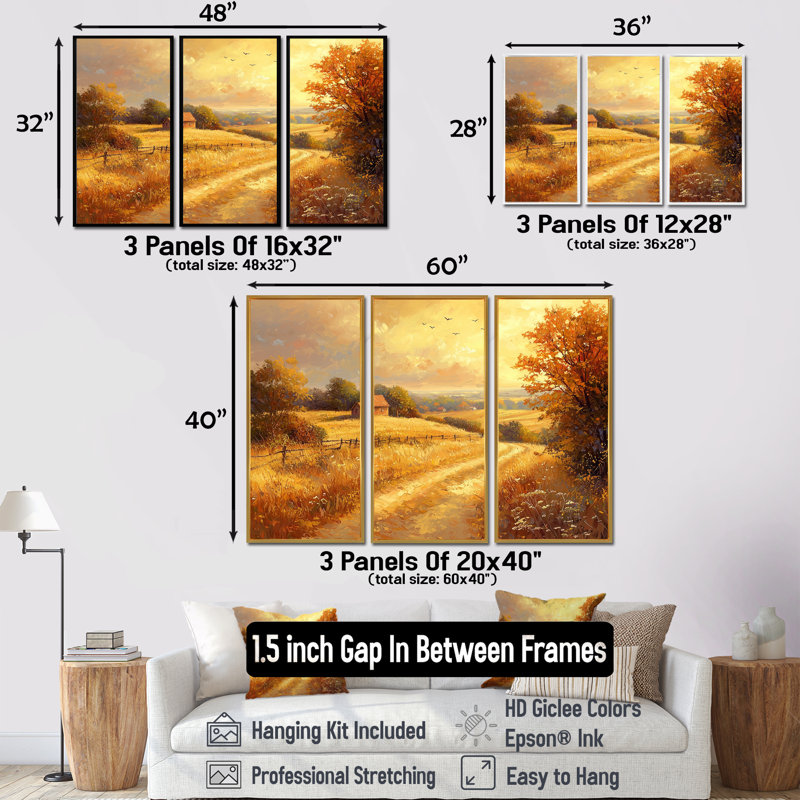 «Golden Hour» à la campagne III - campagne, art mural - ensemble de 3, Érable, H 40 po x l 60 po
