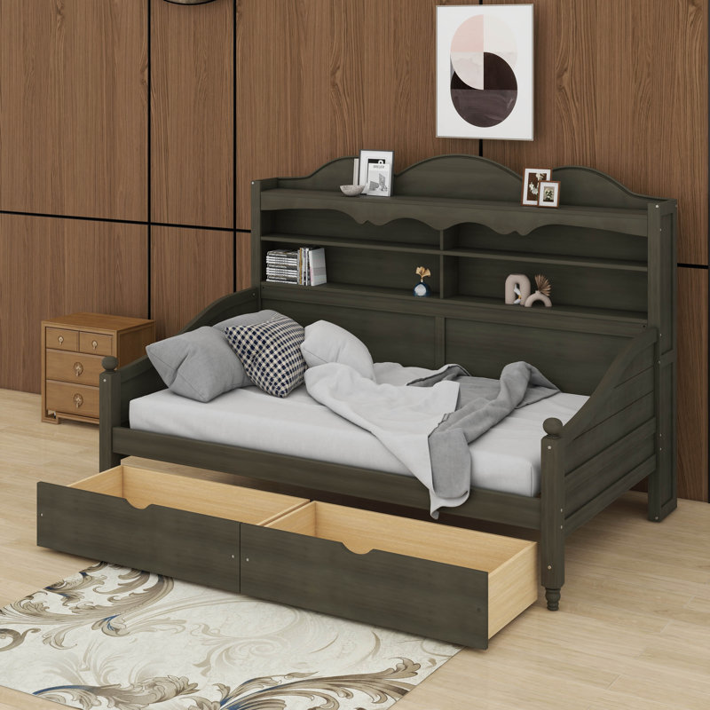 Structure de lit de jour avec tiroirs de rangement et tête de lit à tablettes, structure de lit en bois de style rétro