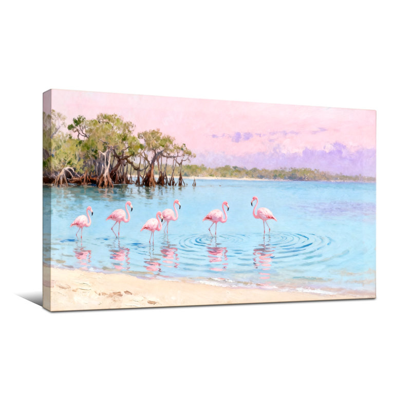 Flamants nautiques et de plage dans des eaux peu profondes près de mangroves, H 16 po x l 32 po