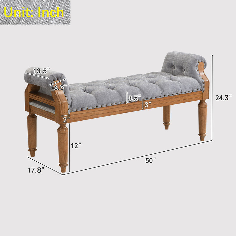 Banc d'entrée rétro capitonné avec garniture cloutée, Gris