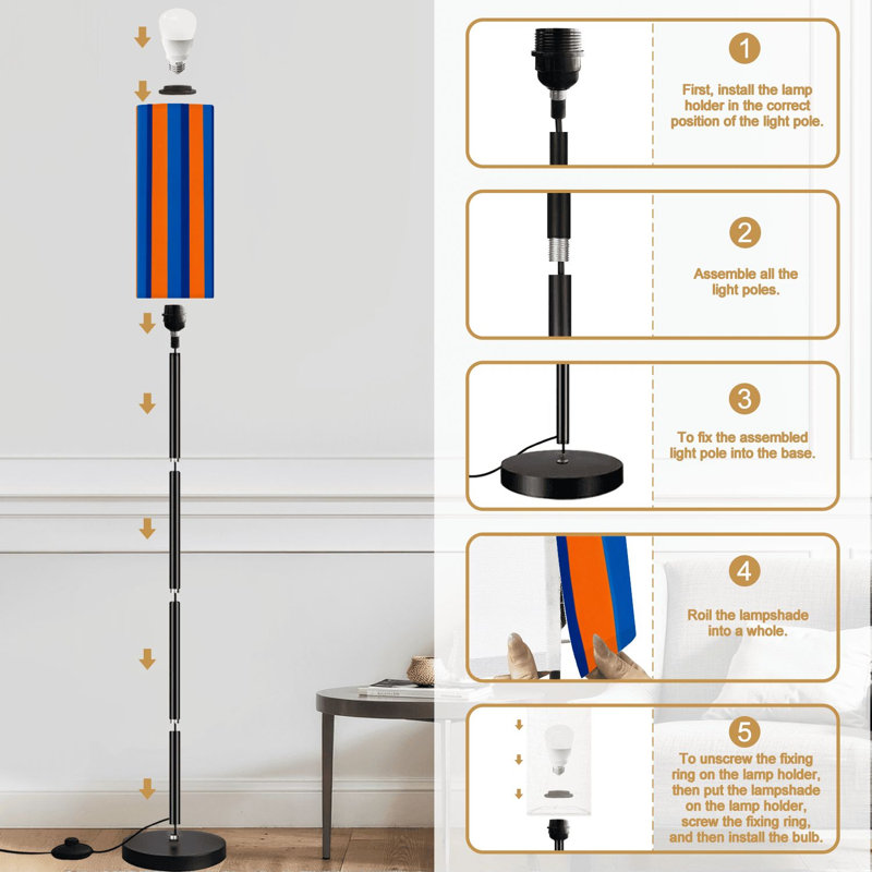 Lampe sur pied audacieuse à rayures verticales orange bleu à motif géométrique à intensité variable avec télécommande