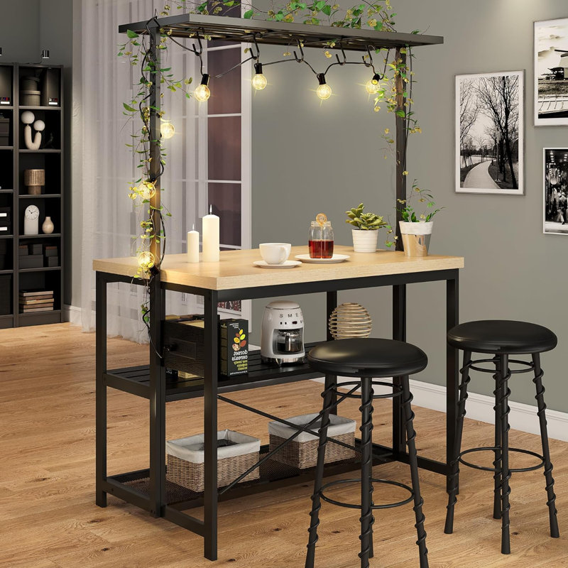 Black Frame 47-Inch Kitchen Island with Wood Top - Mobile Cart with Microwave Shelf, 3-Tier Open Shelves and 5 Hooks for Kitchen, Breakfast Bar or Coffee Station