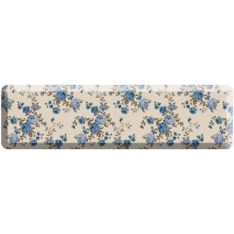 Anti-Fatigue Kitchen Comfort Mat, English Garden Rose Pattern In Blue, Blue, Runner 20" x 72"