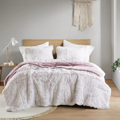 3 pièces d'édredon en fausse fourrure à poil long double / grand en rose et blanc, avec revers doux, lavage en machine séparément, double / grand, pièces, rembourrage en duvet synthétique