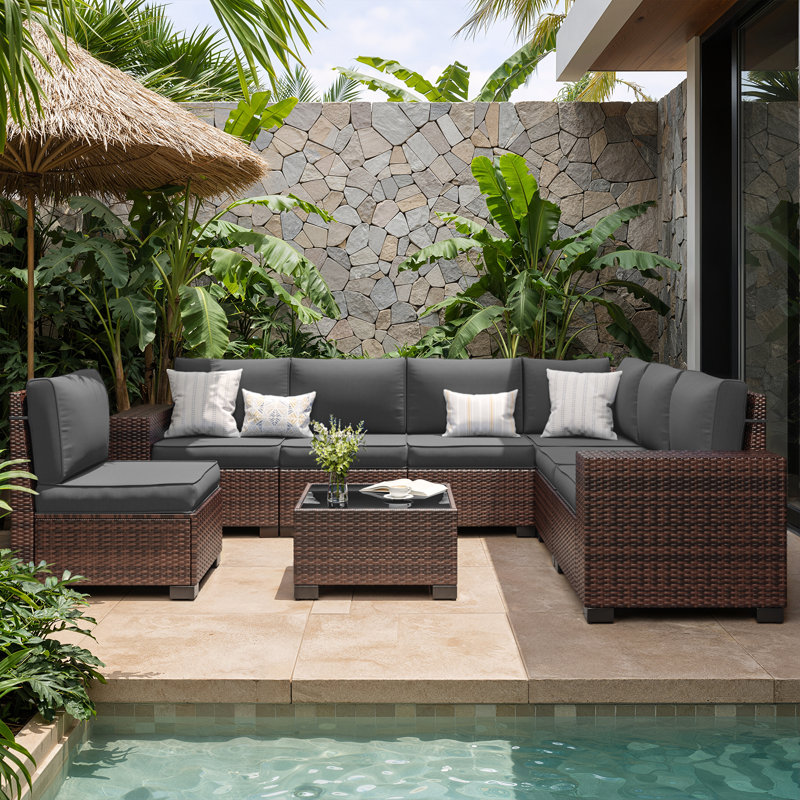 7 - Person Wicker Outdoor Modular Sectional Seating Group with Cushions, Dark Gray, Brown