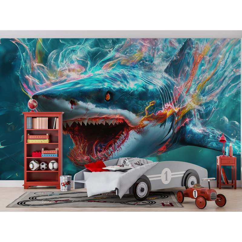 «Dynamic Underwater Shark Attack», art coloré Splash pour une décoration murale unique, scène de prédateur sous-marin épique pour un design d'intérieur palpitant