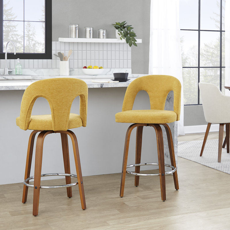 Caden 26" Fixed-Height Counter Stools with Bent Wood Legs & Round Footrest, Walnut/Chrome, Taupe Velvet