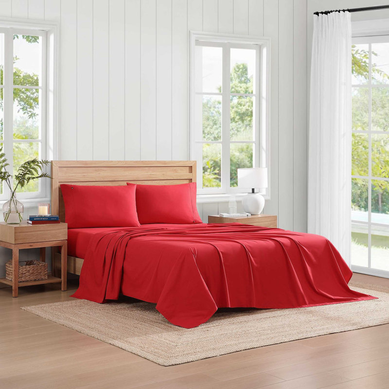 Tommy Hilfiger Solid Cotton Percale Sheet Set, Red, Twin Extra Long Sheet Set with 1 Pillowcase