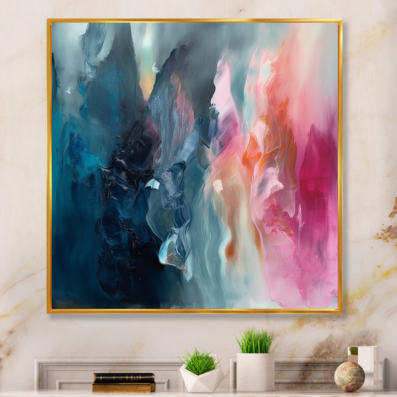 «Desyree Blue and Pink Spatula Abstract», art mural abstrait, Cadre flottant doré, L 36 po x H 36 po
