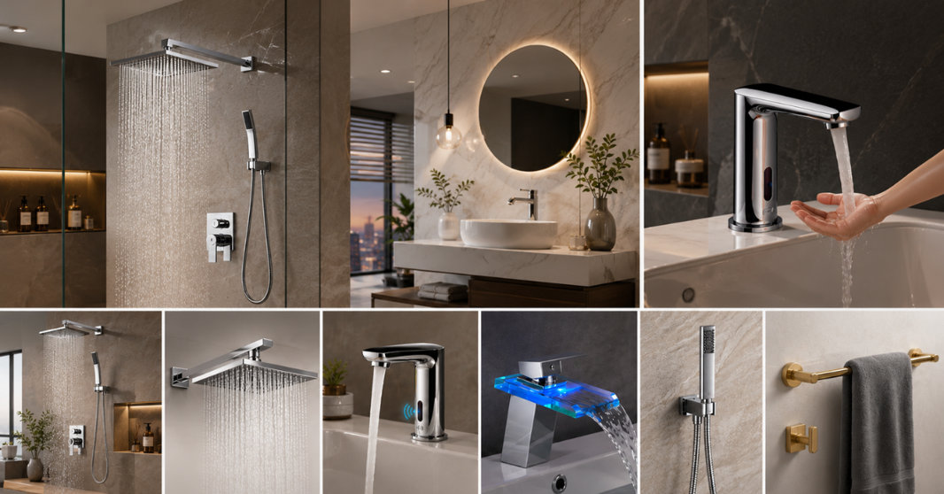 A collage of modern bathroom fixtures including rainfall showerheads, handheld shower sprays, touchless sensor faucets, a waterfall faucet with blue LED light, and gold-toned towel hardware in contemporary bathroom settings.