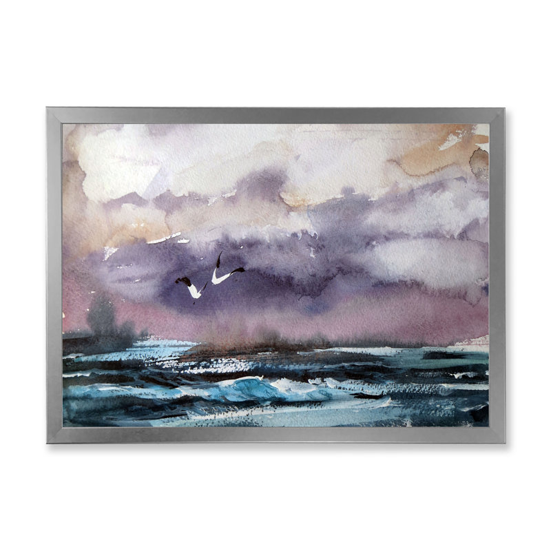 Vague et goélands - Peinture sur toile, H 16 po x l 32 po x P 1 po, Cadre photo argenté