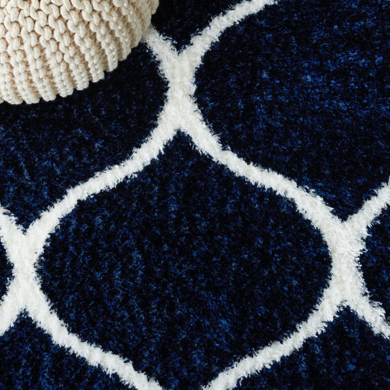 Navy and White Geometric Shag Runner Rug 2' x 9'