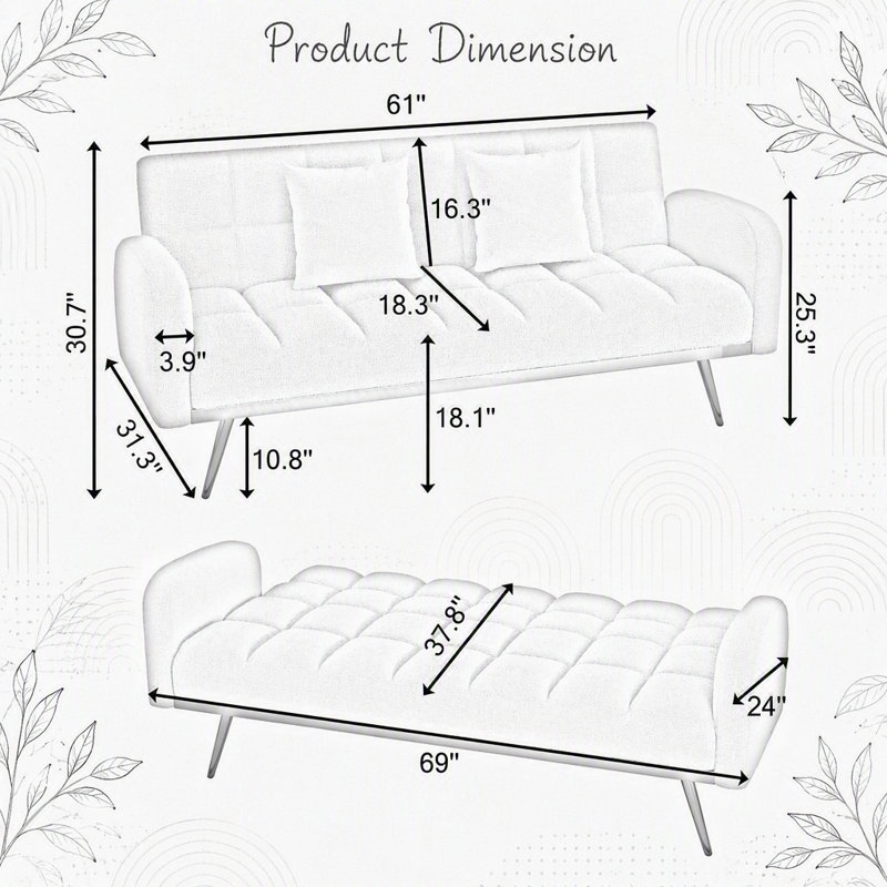 Canapé-lit ajustable de 69 pouces en gris, parfait pour les petits espaces et la vie multifonctionnelle