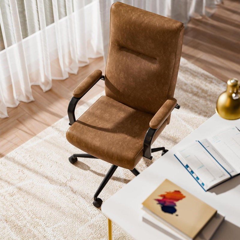 Fauteuil de direction en cuir avec accoudoirs, dossier haut et soutien lombaire, Brun, Or