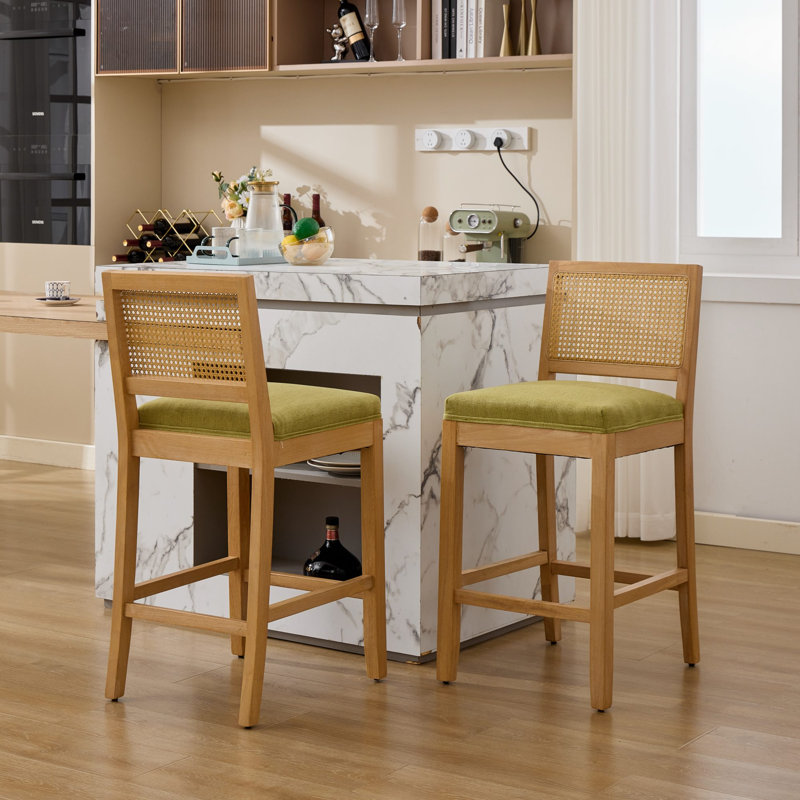 Tabourets de bar Havenwood en bois massif avec dossier en rotin et coussin en lin, Natural+Green