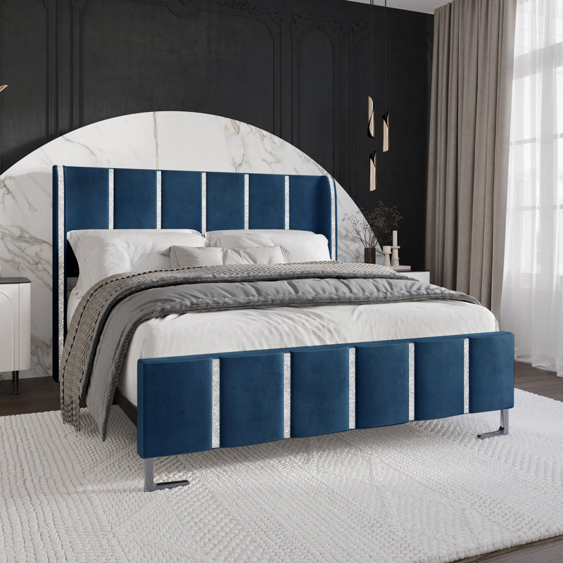 Lit tapissier standard à profil bas Laimdota, Bleu marine, Très grand