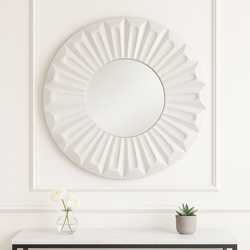 Modern Wall Mirror With Sculptured Carved Wood Frame - Decorative Round Mirror Accent For Bathroom, Living Room, Bedroom, Or Entryway - Ivory
