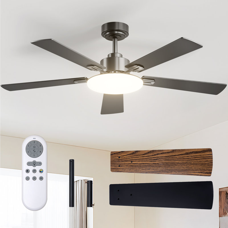 Ventilateur de plafond 52 po à 5 pales avec lumière, fixation à la tige verticale, DEL 3ct, moteur à courant continu à 6 vitesses, télécommande, noir