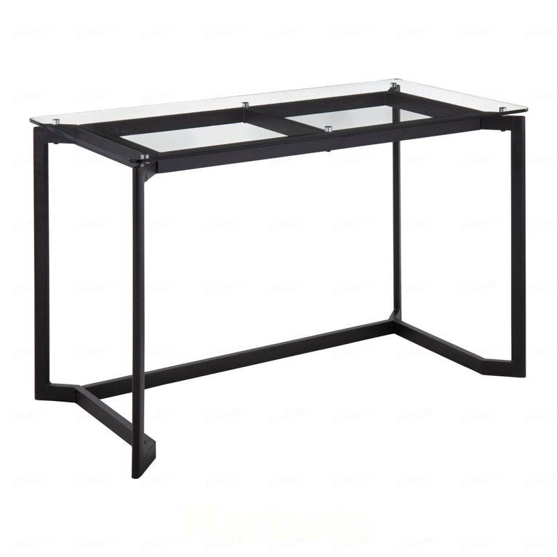 Bureau moderne en acier noir avec plateau en verre transparent