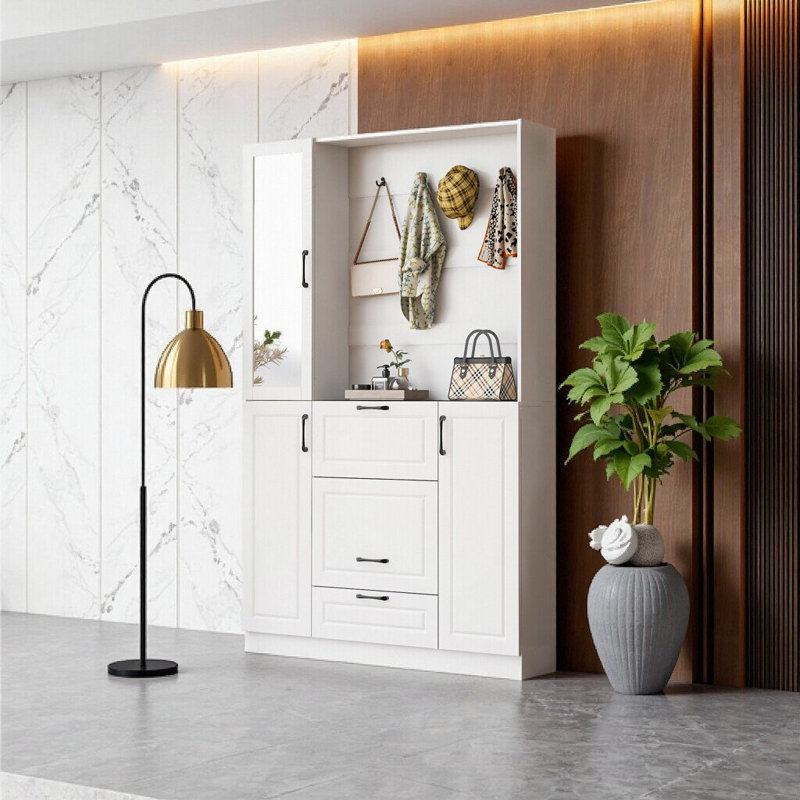 Banc de 51,1 po avec armoire à chaussures intégrée, miroir et siège pliable 51,1 po - Arbre d'entrée 3 en 1 pour petites entrées, blanc