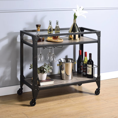 Rectangular Industrial Kitchen Cart With Two Shelves And Wine Storage Option Rustic Functional 2-Shelf Serving Stemware Rack Mobility Wheels
